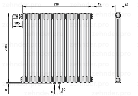 Схема (чертеж) Радиатор Zehnder Charleston 2220/16 №V007 Белый глянцевый RAL 9016